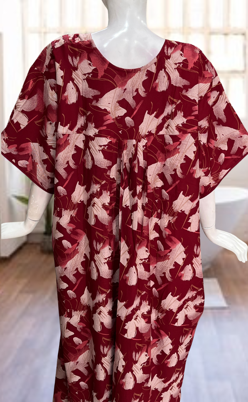 Maroon Abstract Spun Nighty. Flowy Spun Fabric | Laces and Frills