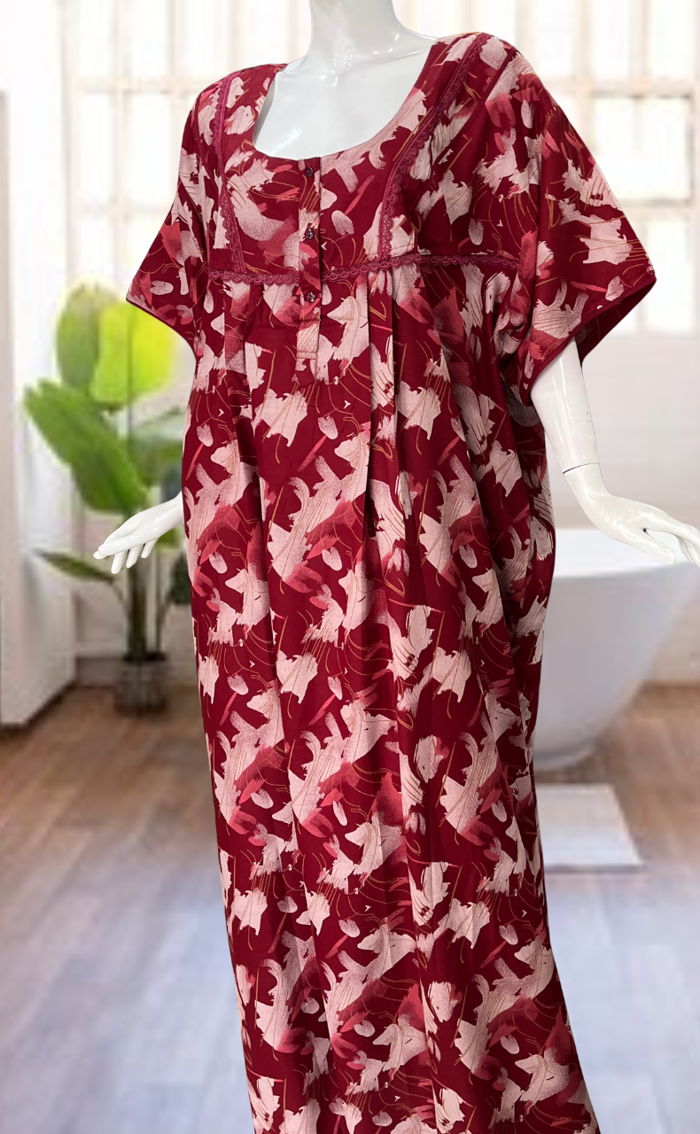 Maroon Abstract Spun Nighty. Flowy Spun Fabric | Laces and Frills