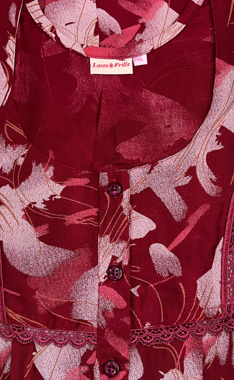 Maroon Abstract Spun Nighty. Flowy Spun Fabric | Laces and Frills