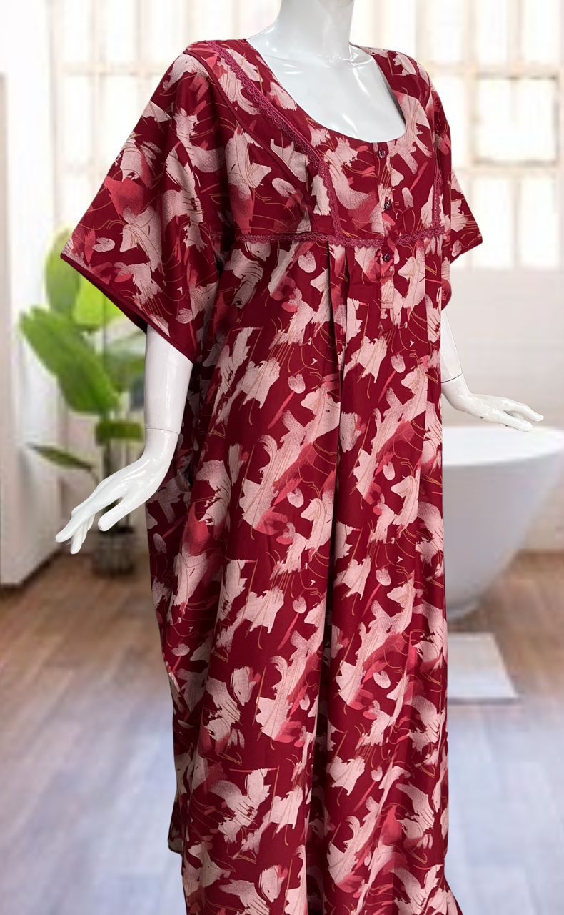 Maroon Abstract Spun Nighty. Flowy Spun Fabric | Laces and Frills