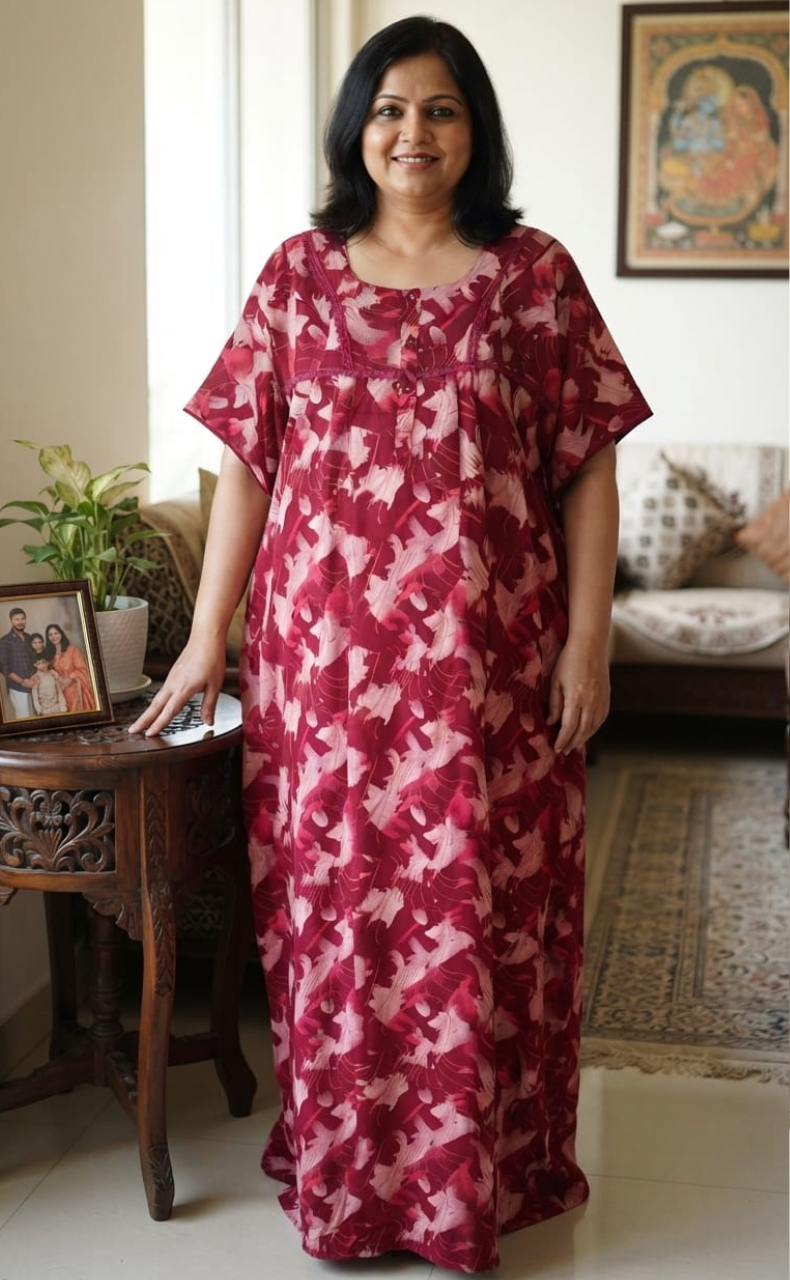 Maroon Abstract Spun Nighty. Flowy Spun Fabric | Laces and Frills