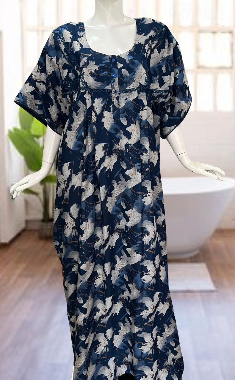 Indigo Blue Abstract Spun Nighty. Flowy Spun Fabric | Laces and Frills
