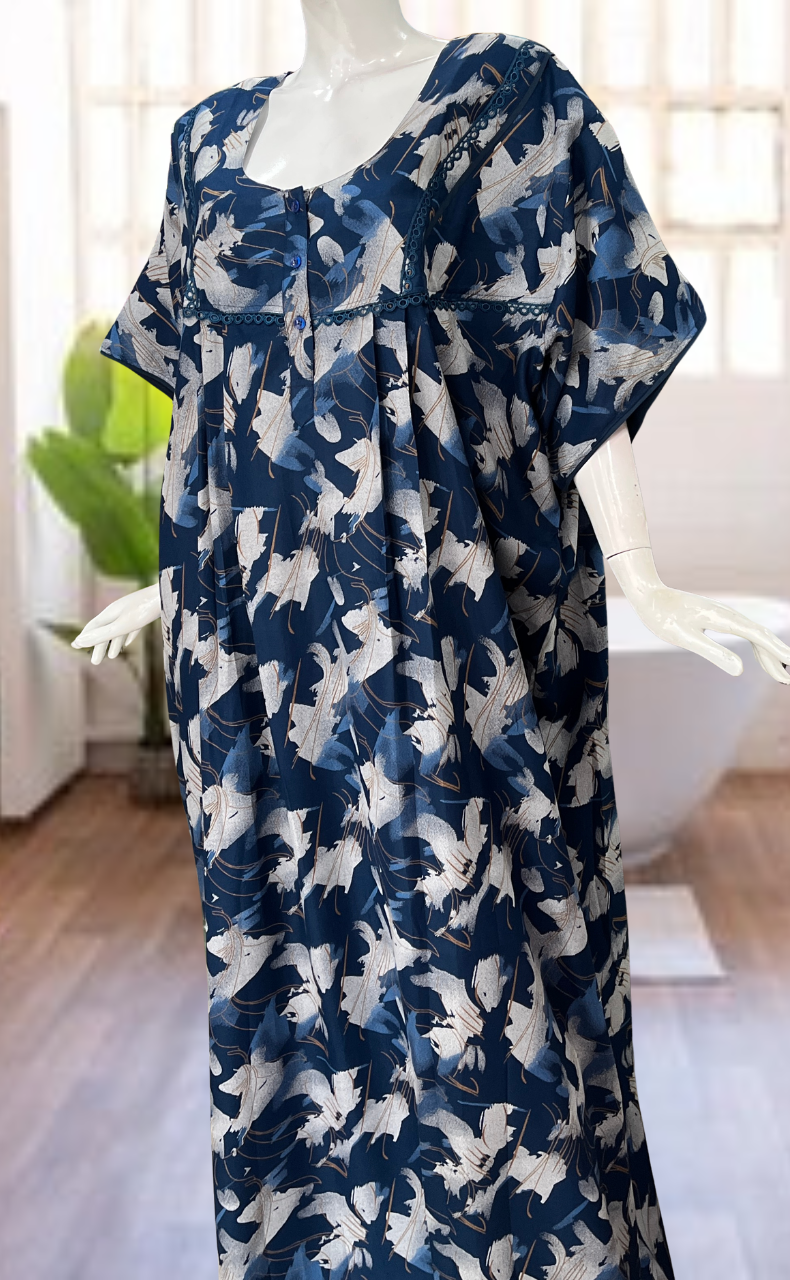Indigo Blue Abstract Spun Nighty. Flowy Spun Fabric | Laces and Frills