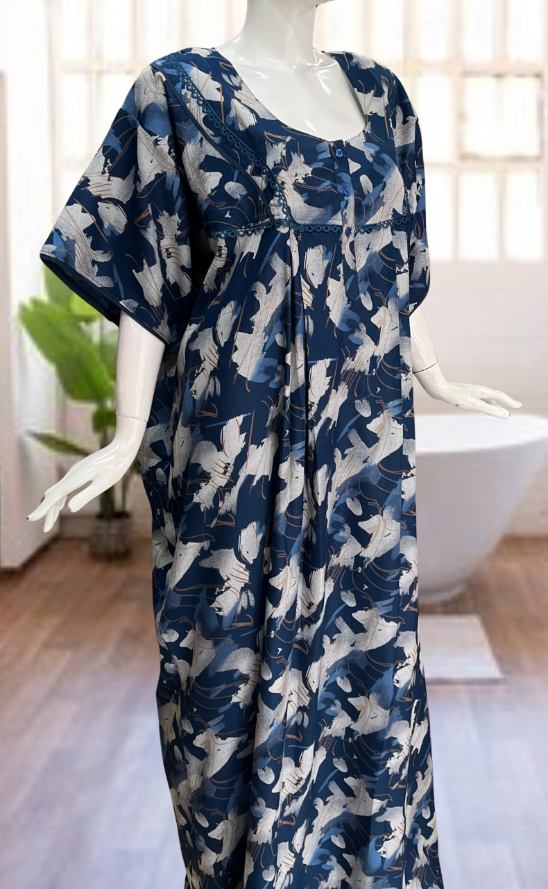 Indigo Blue Abstract Spun Nighty. Flowy Spun Fabric | Laces and Frills