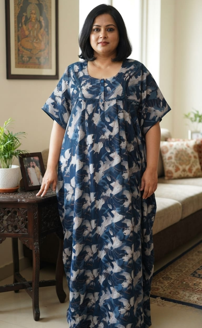 Indigo Blue Abstract Spun Nighty. Flowy Spun Fabric | Laces and Frills