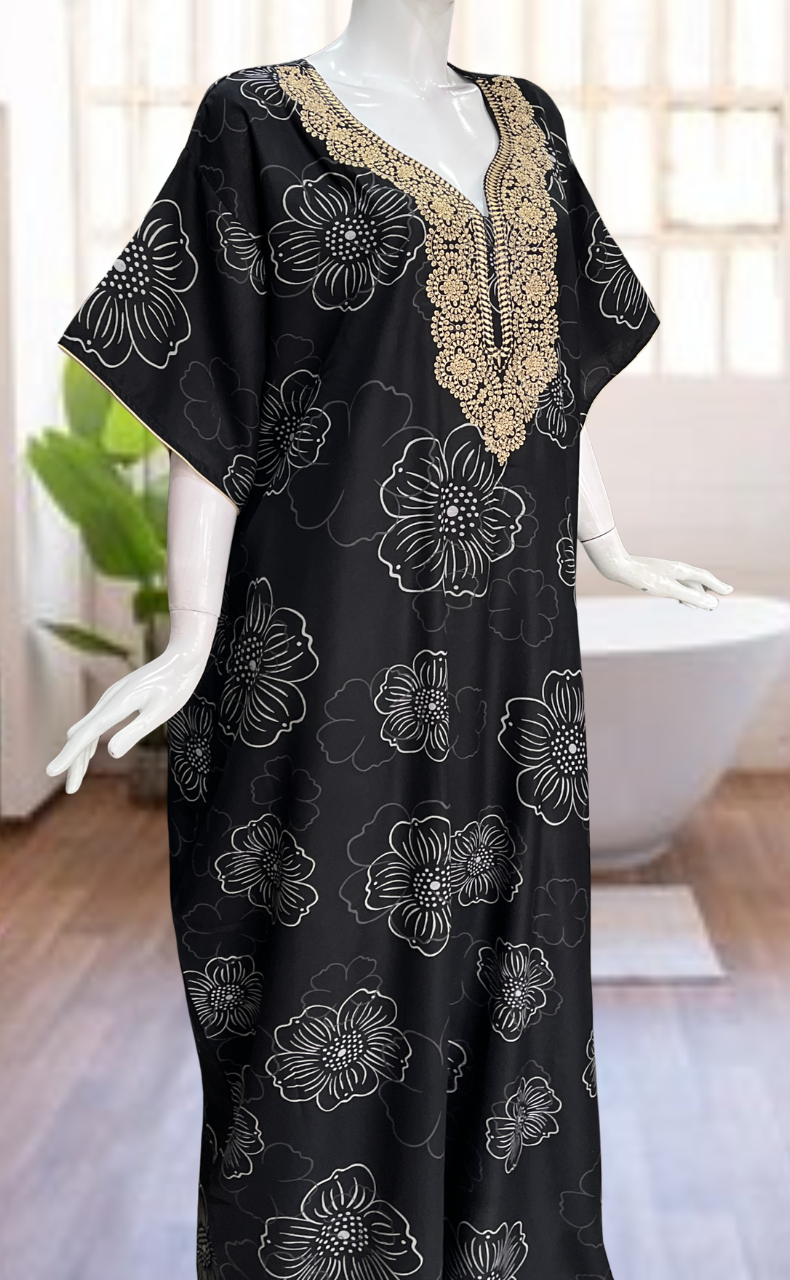 Black Embroidery Spun Nighty. Flowy Spun Fabric | Laces and Frills