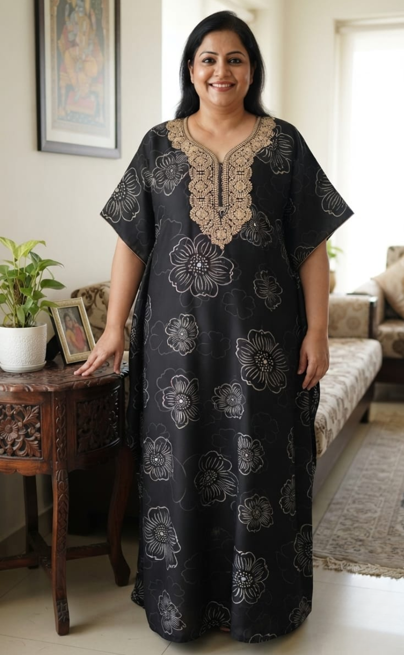 Black Embroidery Spun Nighty. Flowy Spun Fabric | Laces and Frills