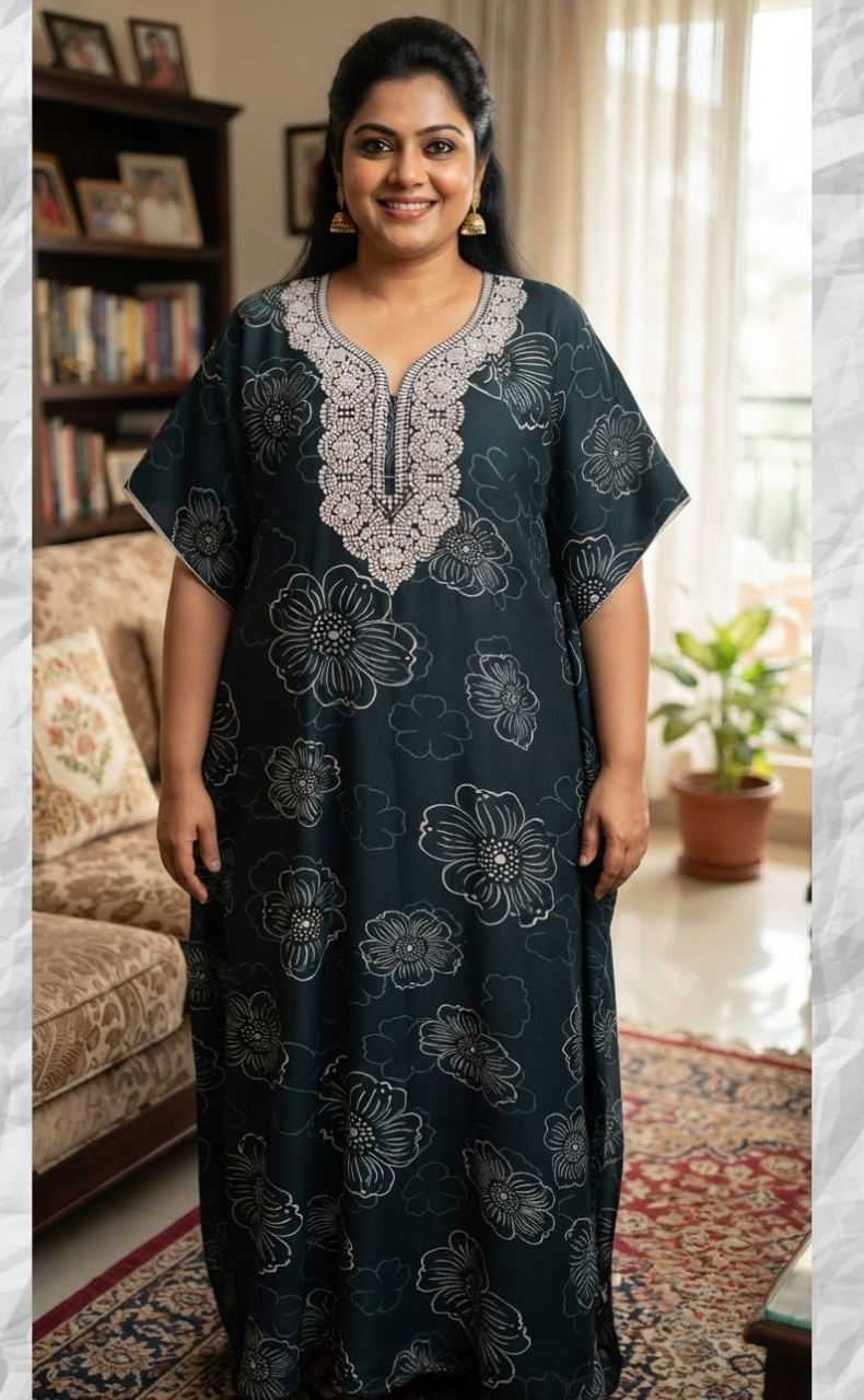 Teal Green Embroidery Spun Nighty. Flowy Spun Fabric | Laces and Frills