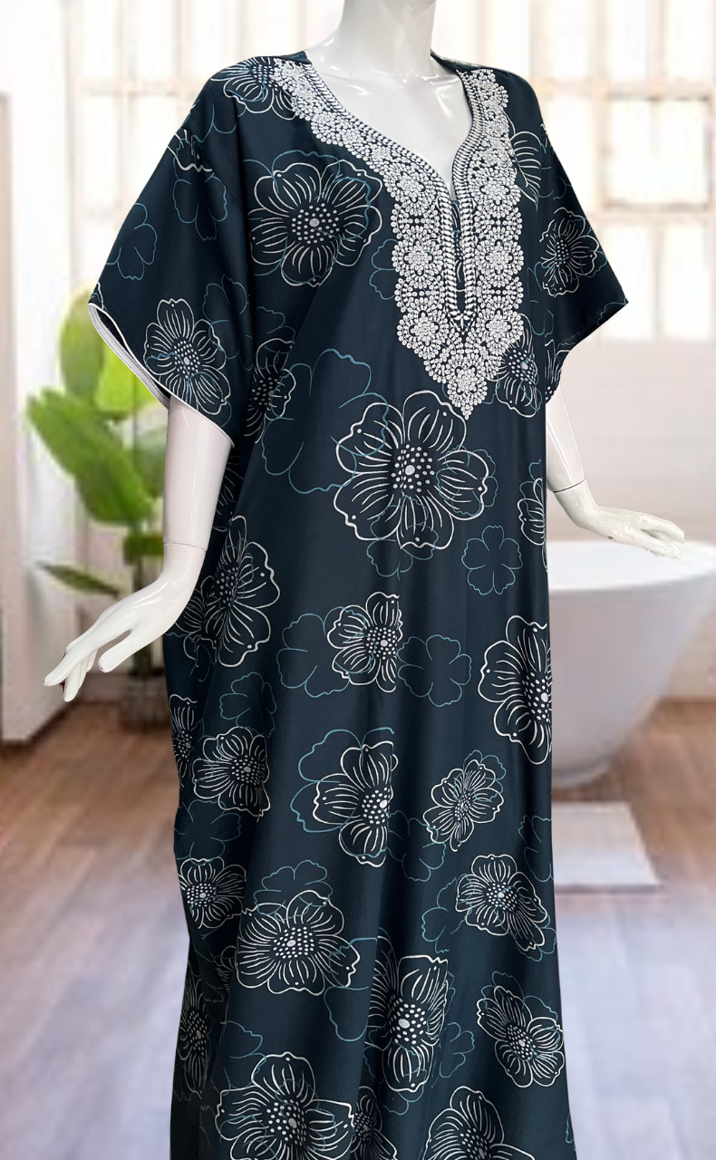 Teal Green Embroidery Spun Nighty. Flowy Spun Fabric | Laces and Frills