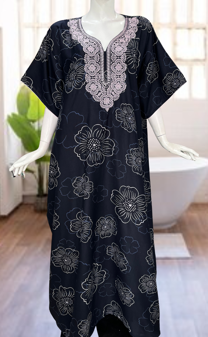 Navy Blue Embroidery Spun Nighty. Flowy Spun Fabric | Laces and Frills
