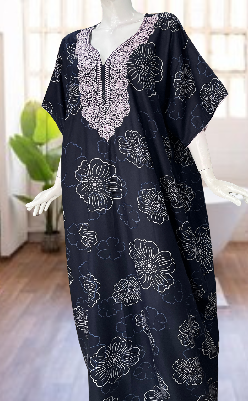 Navy Blue Embroidery Spun Nighty. Flowy Spun Fabric | Laces and Frills
