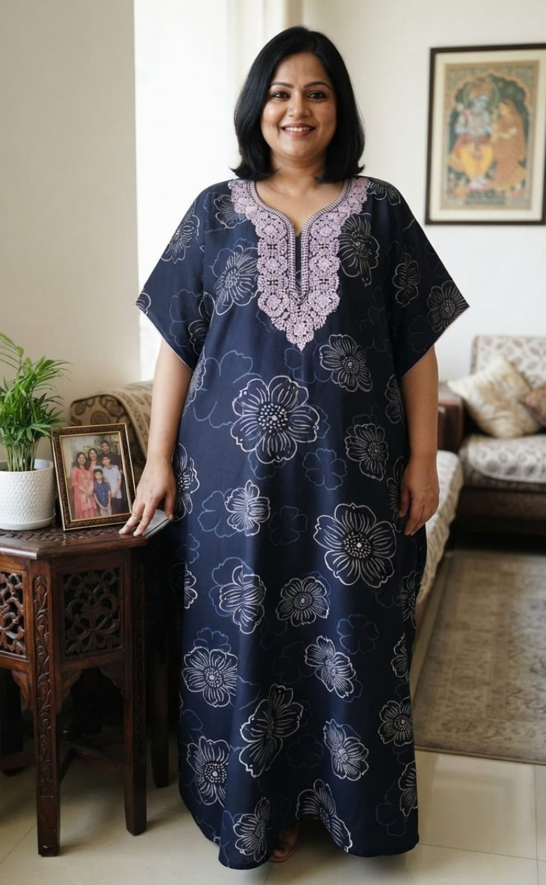 Navy Blue Embroidery Spun Nighty. Flowy Spun Fabric | Laces and Frills