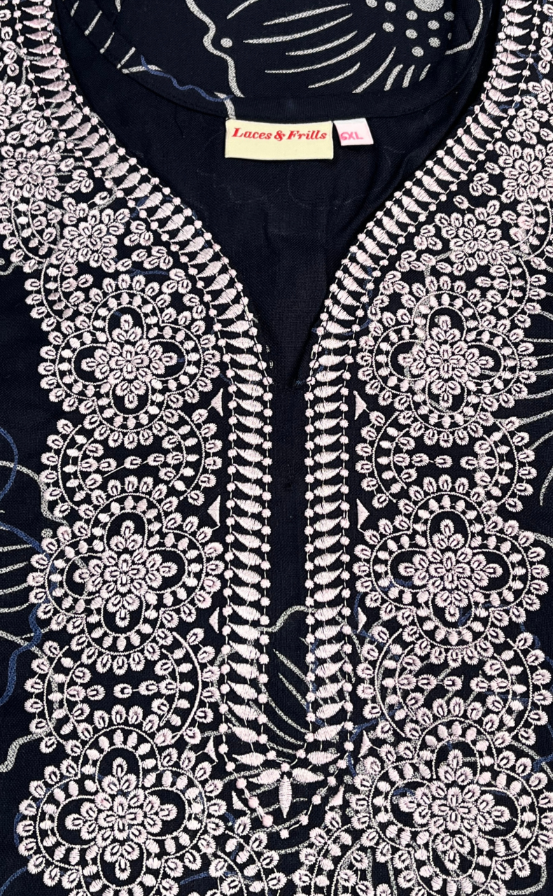 Navy Blue Embroidery Spun Nighty. Flowy Spun Fabric | Laces and Frills