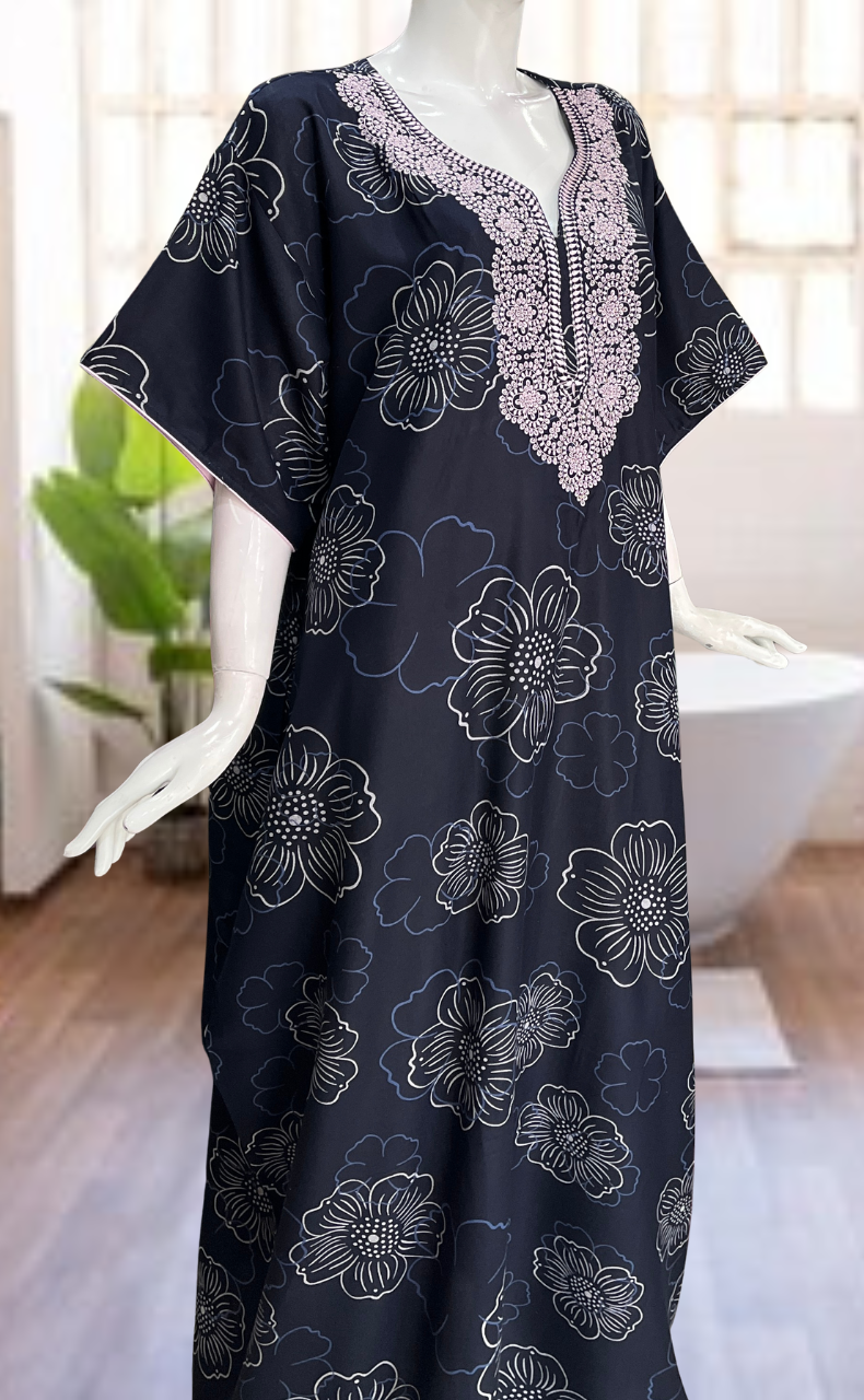 Navy Blue Embroidery Spun Nighty. Flowy Spun Fabric | Laces and Frills