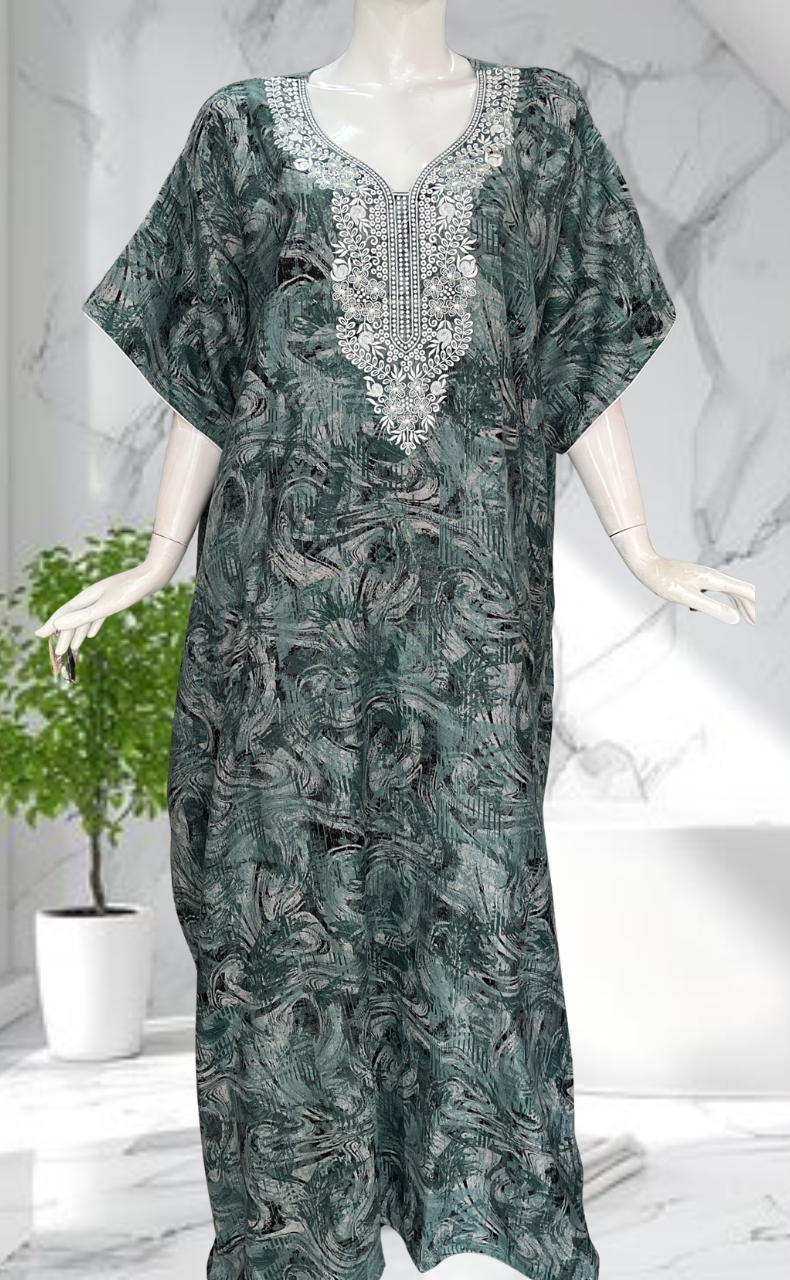 Green Embroidery Spun Nighty. Flowy Spun Fabric | Laces and Frills