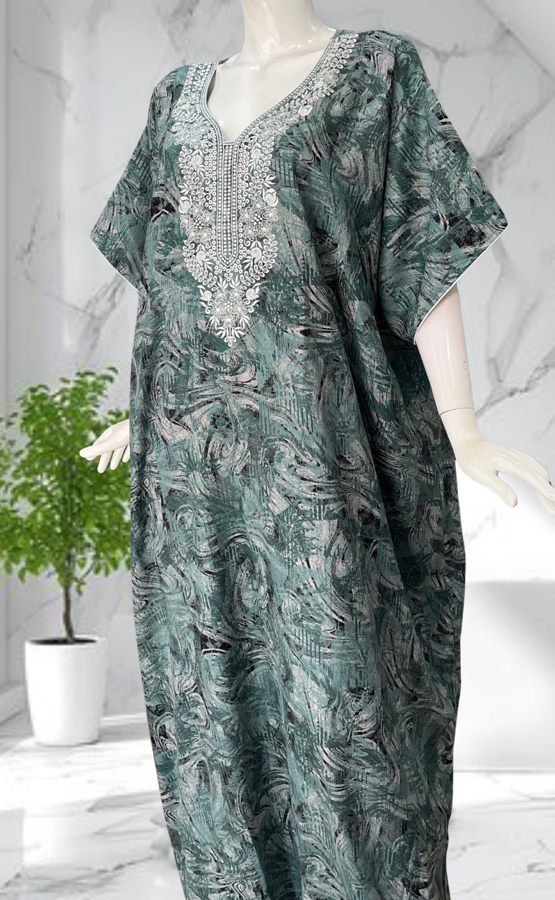 Green Embroidery Spun Nighty. Flowy Spun Fabric | Laces and Frills