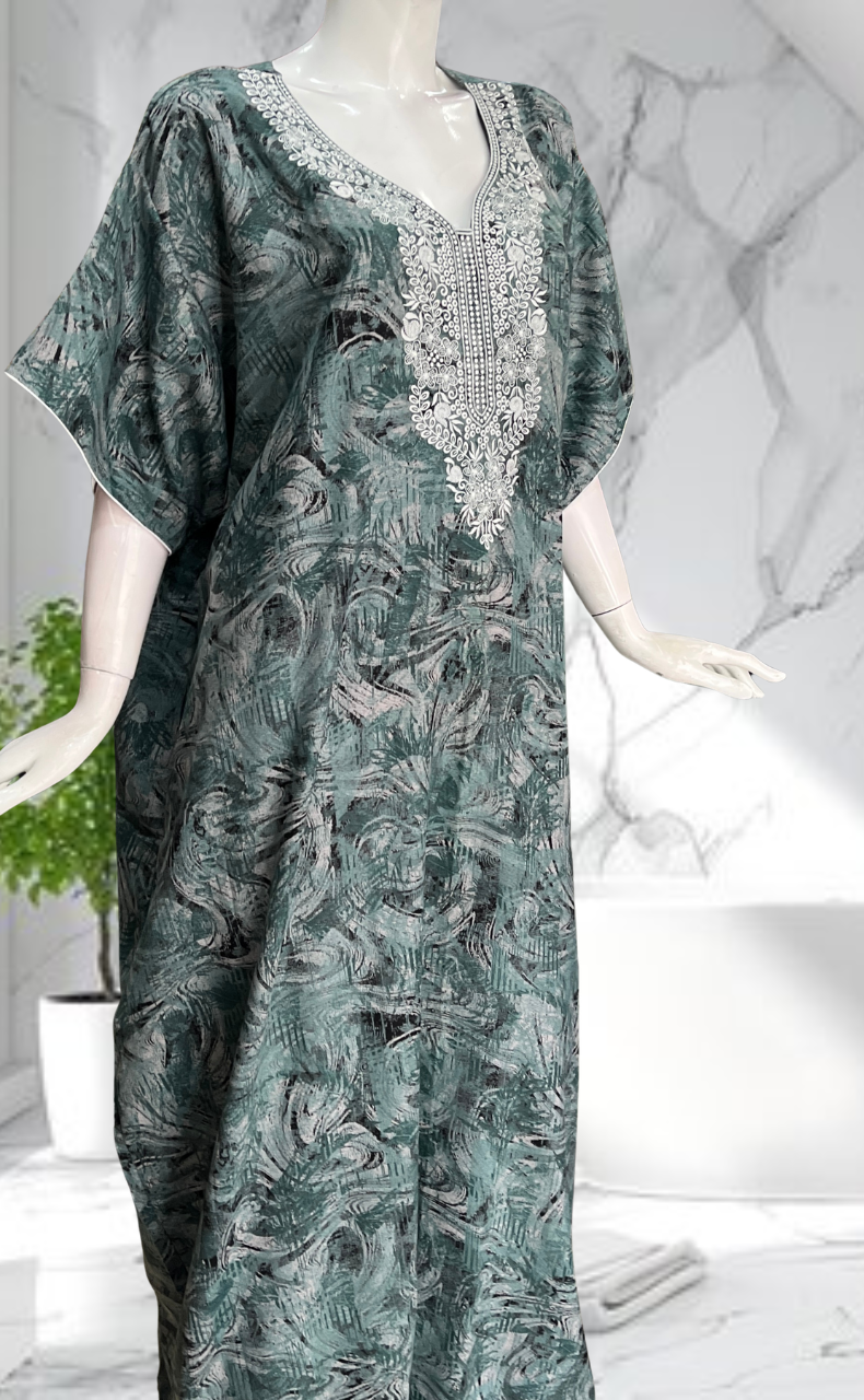 Green Embroidery Spun Nighty. Flowy Spun Fabric | Laces and Frills