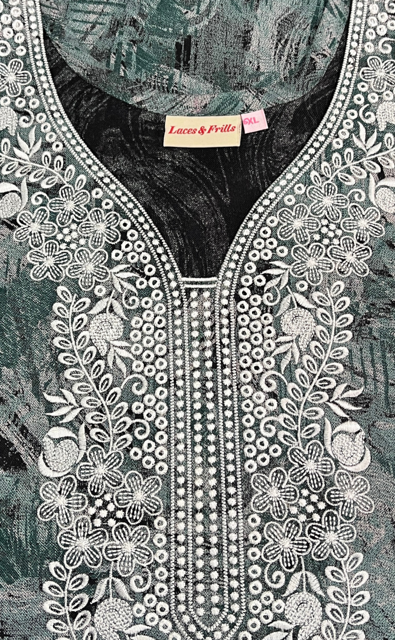 Green Embroidery Spun Nighty. Flowy Spun Fabric | Laces and Frills