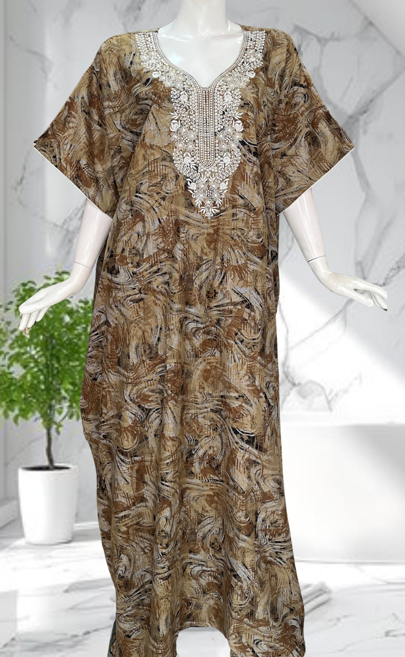 Mustard Embroidery Spun Nighty. Flowy Spun Fabric | Laces and Frills
