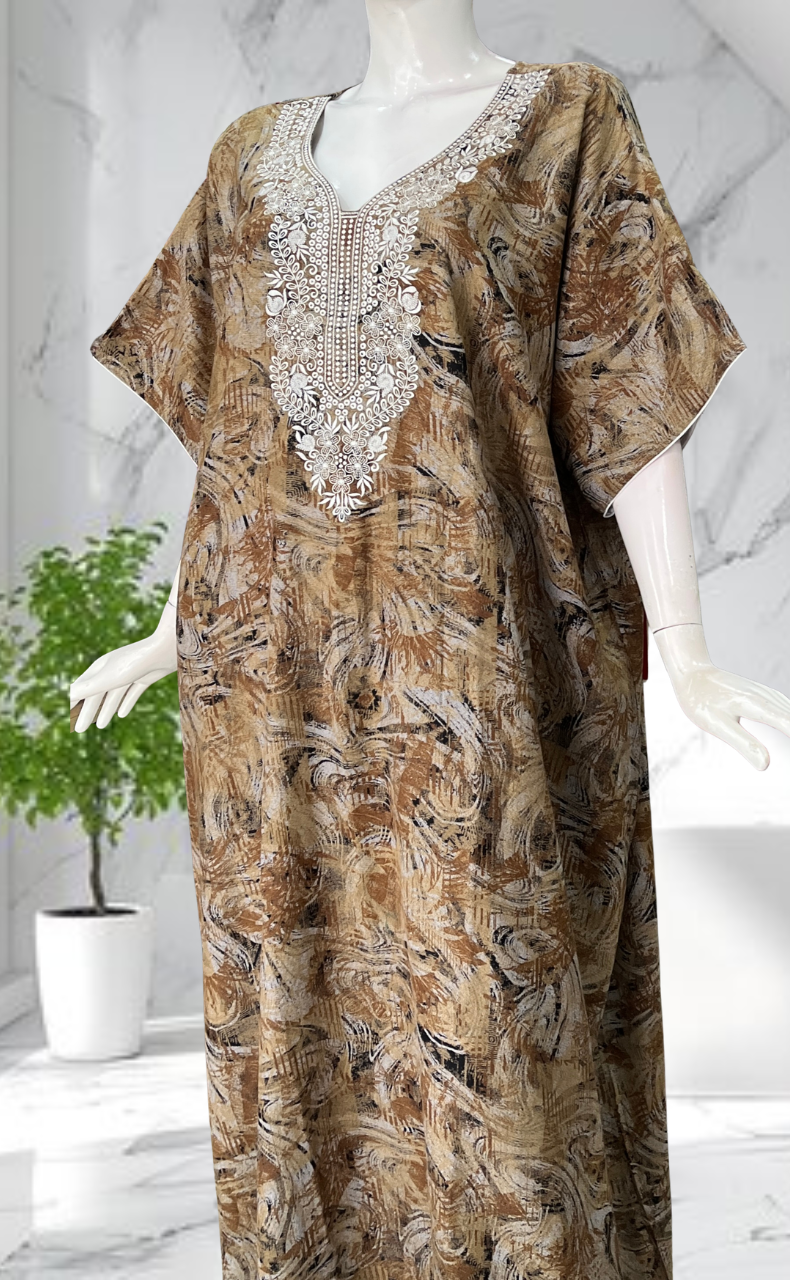 Mustard Embroidery Spun Nighty. Flowy Spun Fabric | Laces and Frills