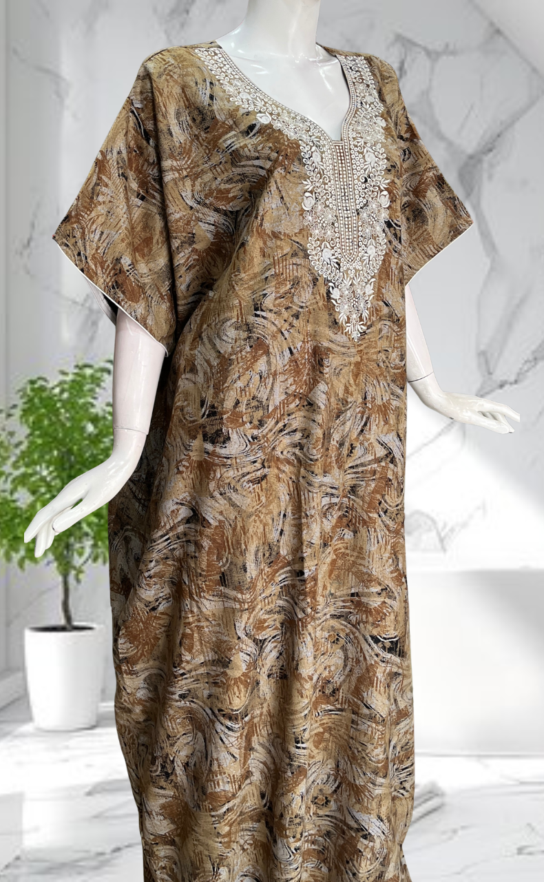Mustard Embroidery Spun Nighty. Flowy Spun Fabric | Laces and Frills