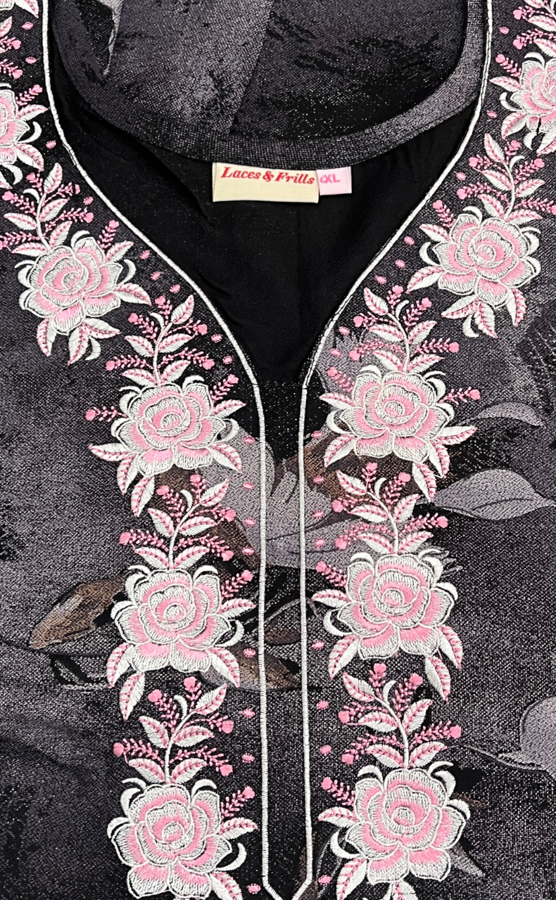 Black Embroidery Spun Nighty. Flowy Spun Fabric | Laces and Frills