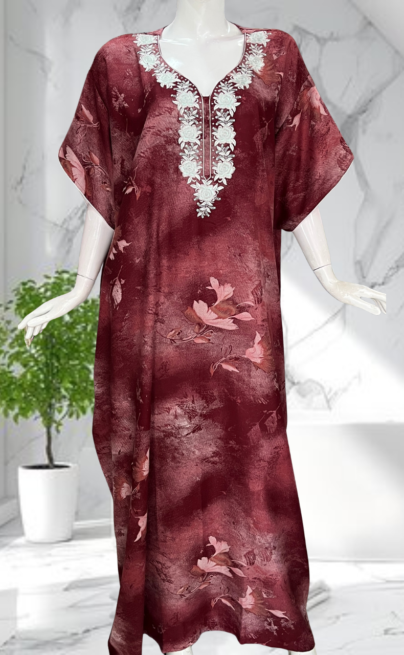 Maroon Embroidery Spun Nighty. Flowy Spun Fabric | Laces and Frills