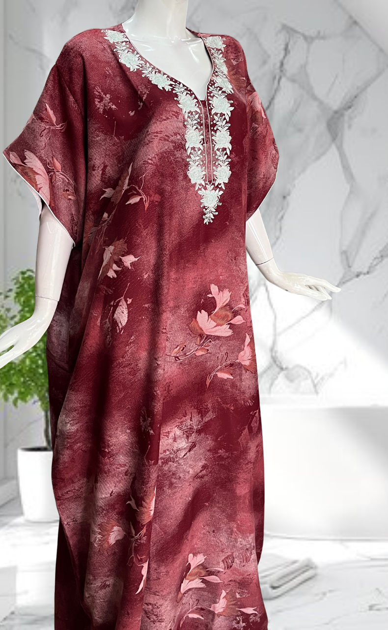 Maroon Embroidery Spun Nighty. Flowy Spun Fabric | Laces and Frills