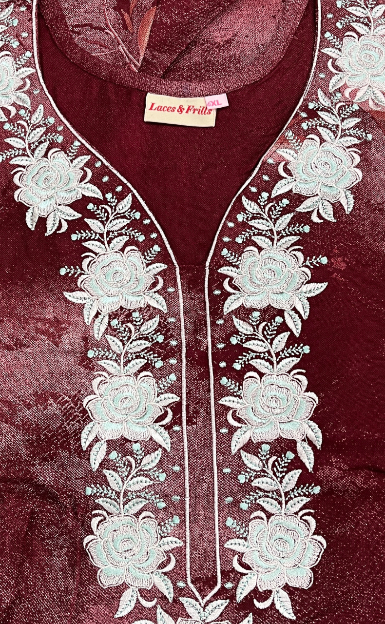Maroon Embroidery Spun Nighty. Flowy Spun Fabric | Laces and Frills