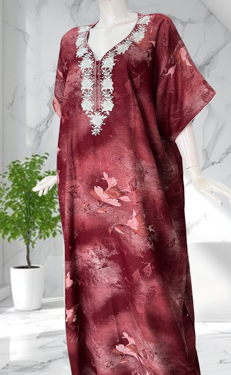 Maroon Embroidery Spun Nighty. Flowy Spun Fabric | Laces and Frills