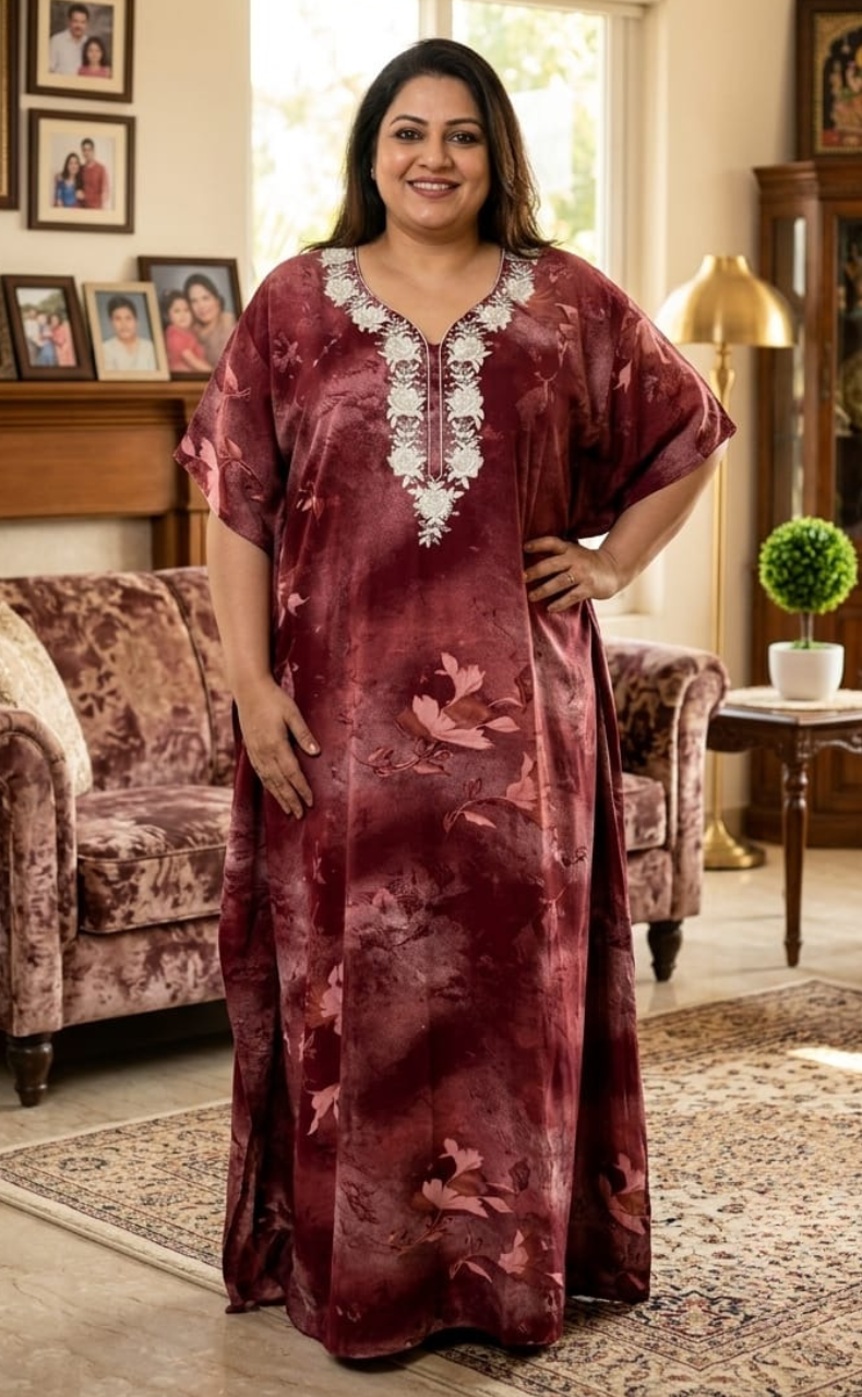 Maroon Embroidery Spun Nighty. Flowy Spun Fabric | Laces and Frills - Laces and Frills