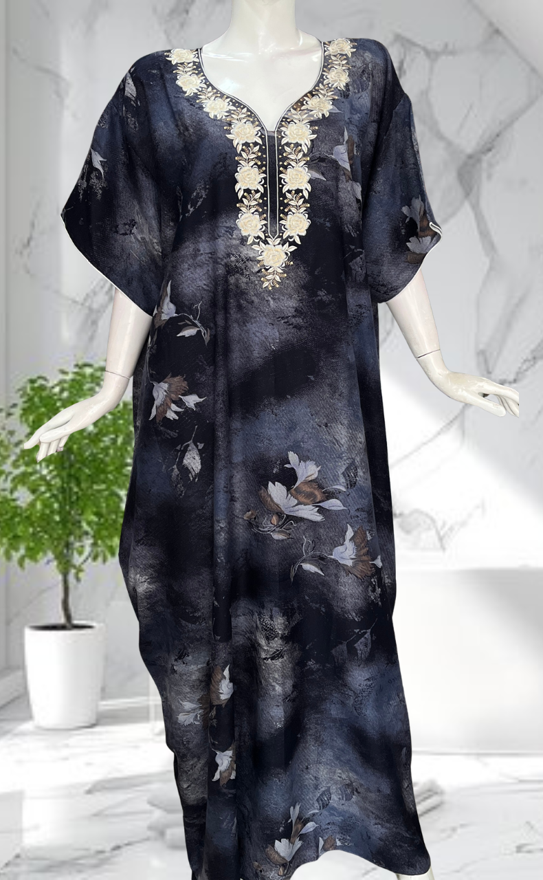 Navy Blue Embroidery Spun Nighty. Flowy Spun Fabric | Laces and Frills