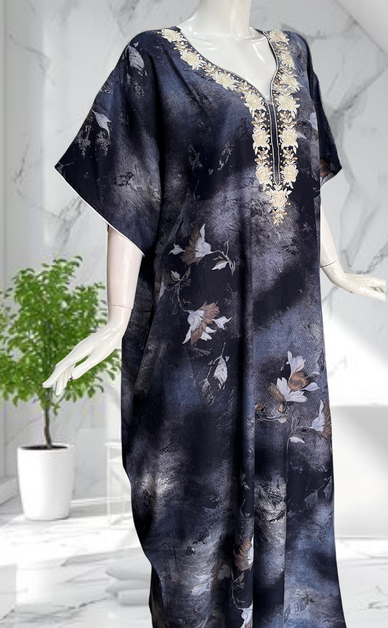 Navy Blue Embroidery Spun Nighty. Flowy Spun Fabric | Laces and Frills