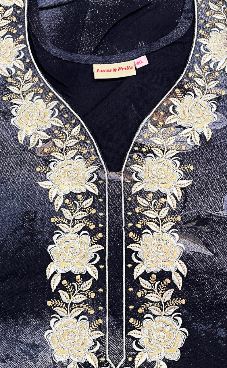 Navy Blue Embroidery Spun Nighty. Flowy Spun Fabric | Laces and Frills