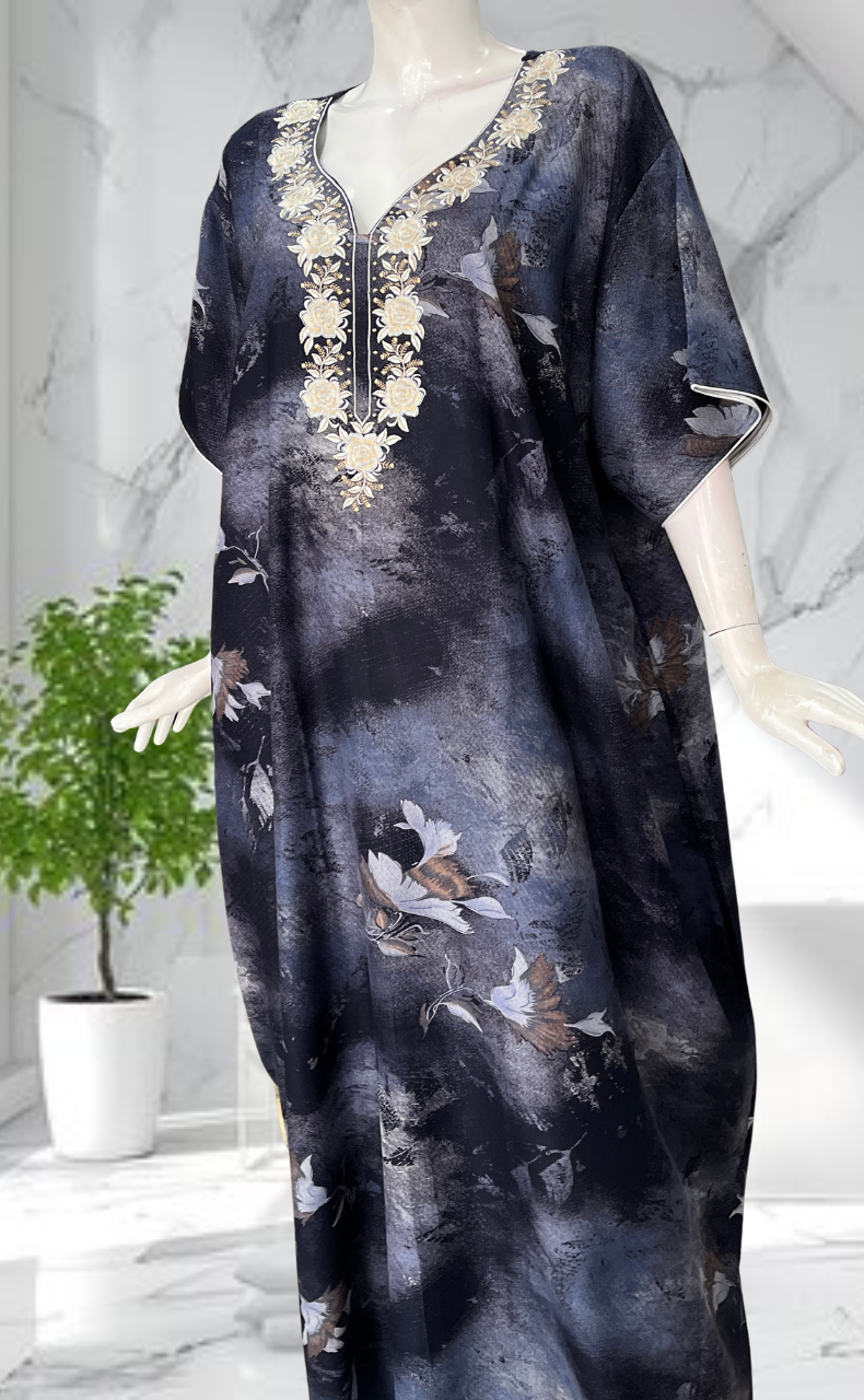 Navy Blue Embroidery Spun Nighty. Flowy Spun Fabric | Laces and Frills