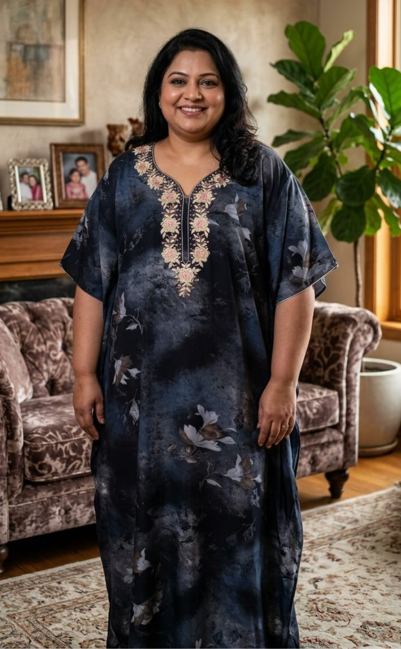 Navy Blue Embroidery Spun Nighty. Flowy Spun Fabric | Laces and Frills