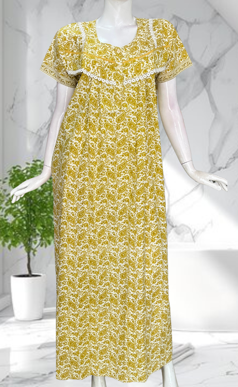 Yellow Paisley Print Pure Cotton Nighty. Pure Durable Cotton | Laces and Frills