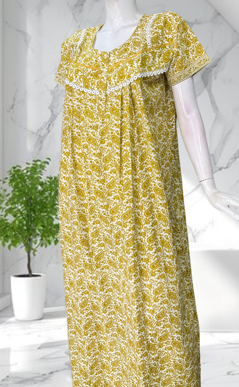 Yellow Paisley Print Pure Cotton Nighty. Pure Durable Cotton | Laces and Frills
