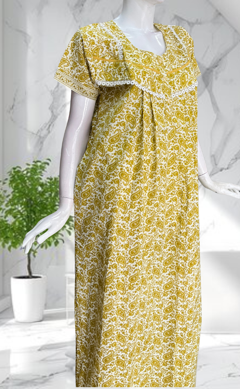 Yellow Paisley Print Pure Cotton Nighty. Pure Durable Cotton | Laces and Frills