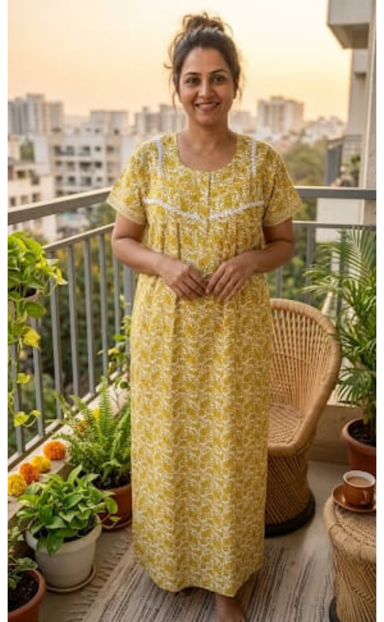 Yellow Paisley Print Pure Cotton Nighty. Pure Durable Cotton | Laces and Frills - Laces and Frills