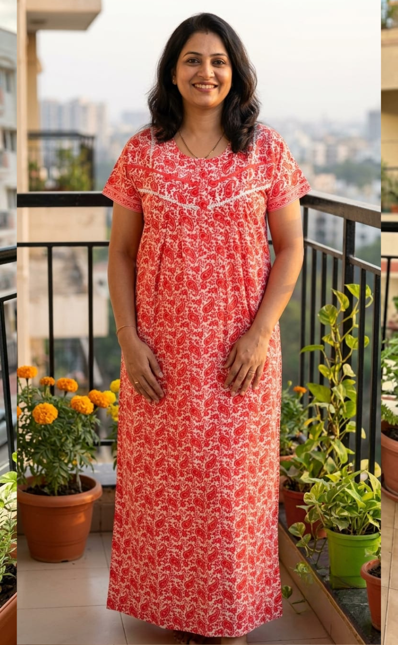 Peach Paisley Print Pure Cotton Nighty. Pure Durable Cotton | Laces and Frills