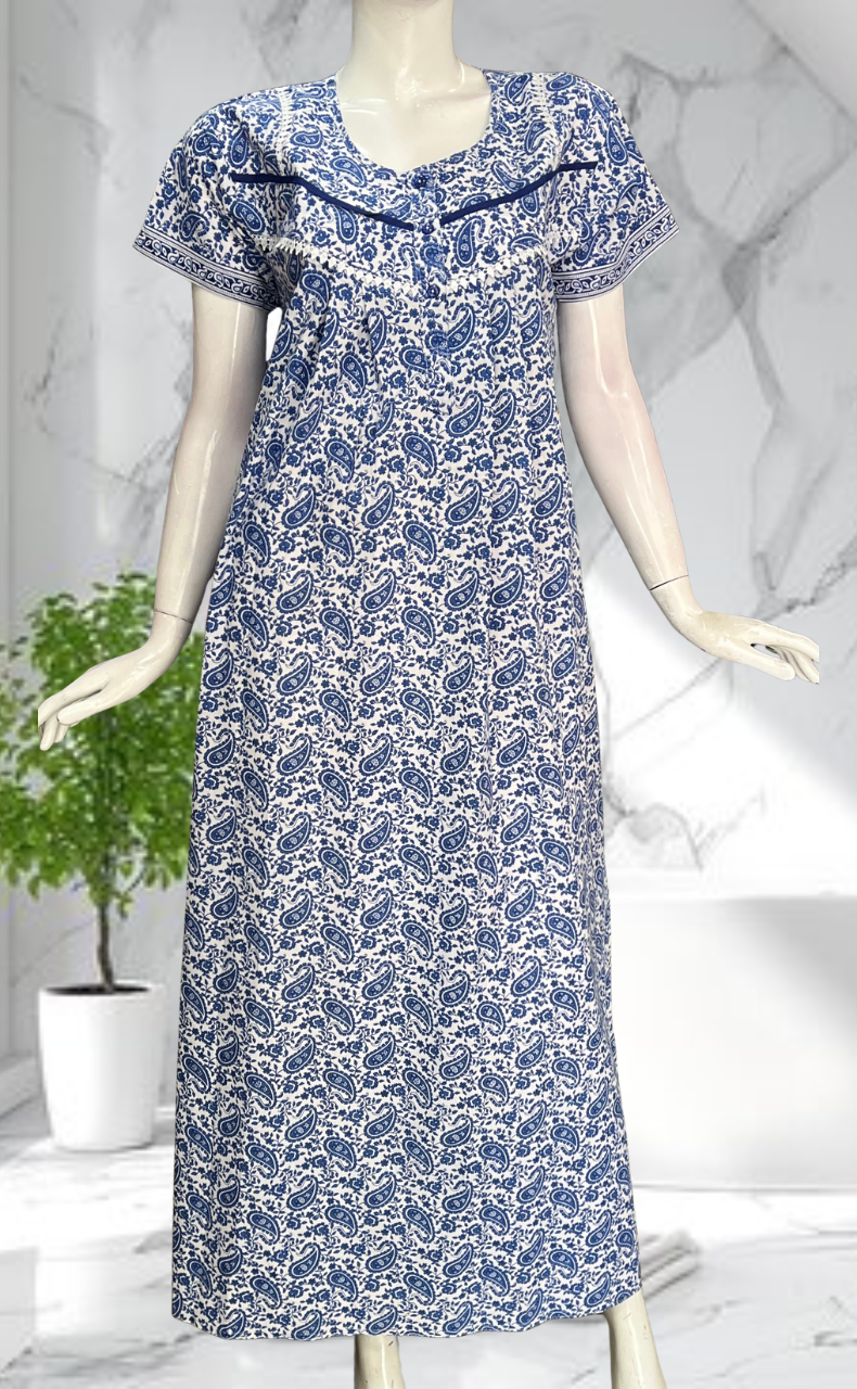 Blue Paisley Print Pure Cotton Nighty. Pure Durable Cotton | Laces and Frills