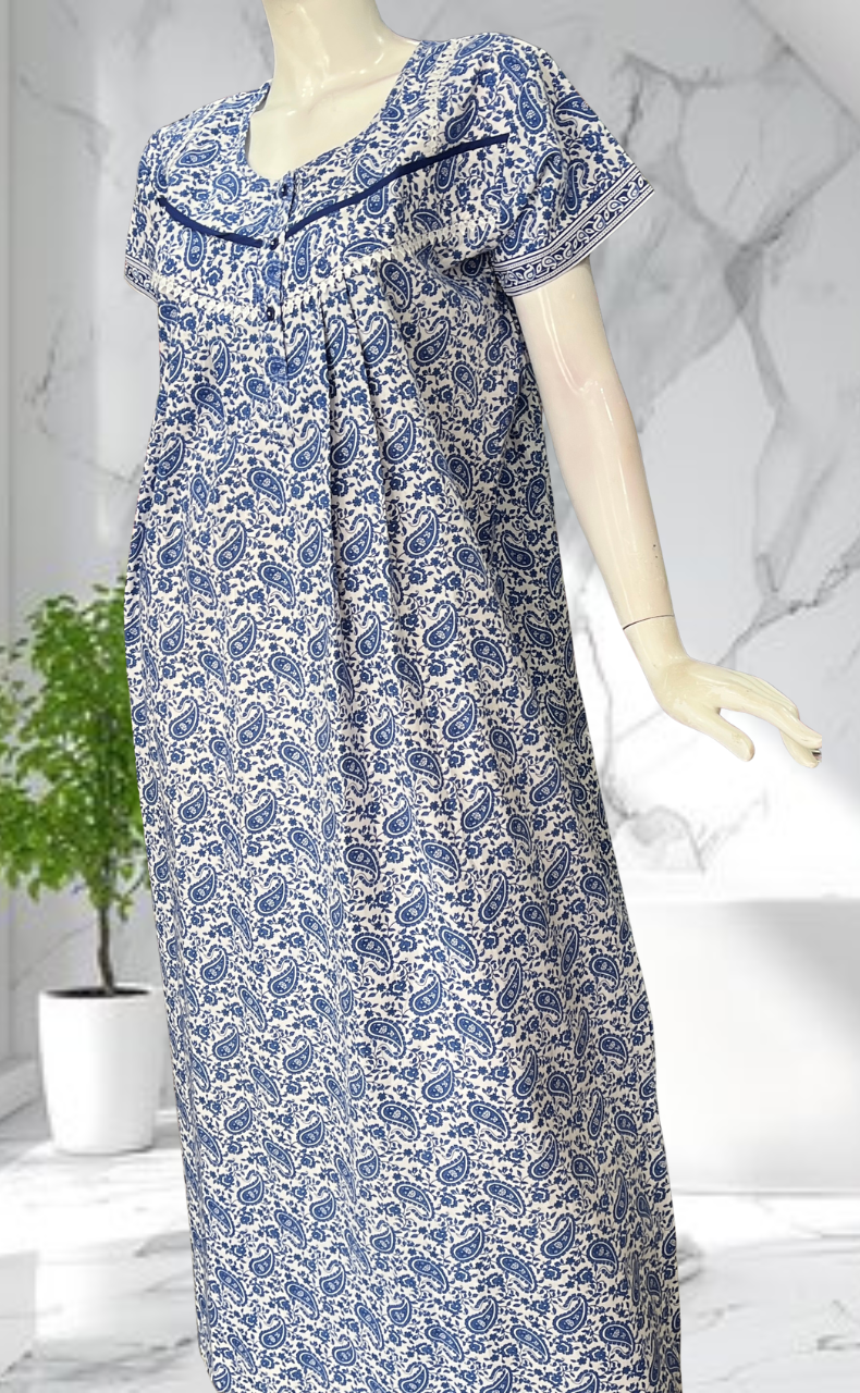 Blue Paisley Print Pure Cotton Nighty. Pure Durable Cotton | Laces and Frills