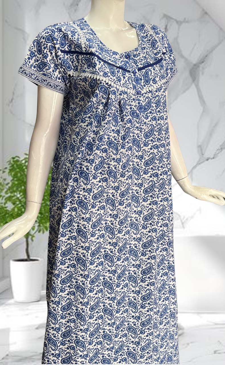 Blue Paisley Print Pure Cotton Nighty. Pure Durable Cotton | Laces and Frills