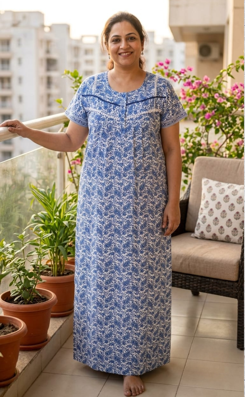 Blue Paisley Print Pure Cotton Nighty. Pure Durable Cotton | Laces and Frills