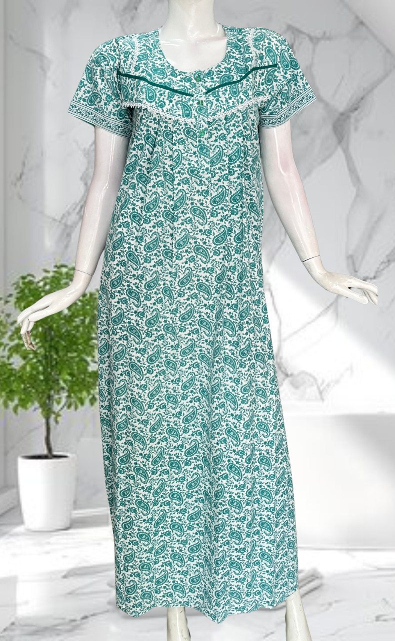 Sea Green Paisley Print Pure Cotton Nighty. Pure Durable Cotton | Laces and Frills