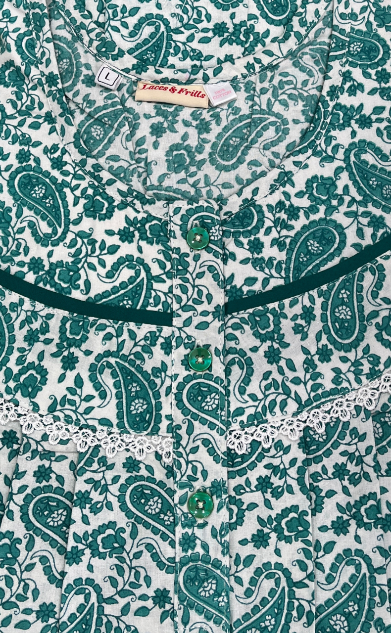 Sea Green Paisley Print Pure Cotton Nighty. Pure Durable Cotton | Laces and Frills