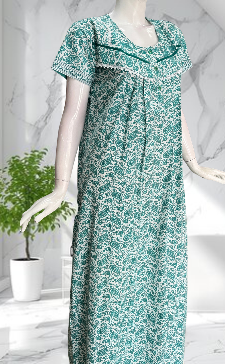 Sea Green Paisley Print Pure Cotton Nighty. Pure Durable Cotton | Laces and Frills