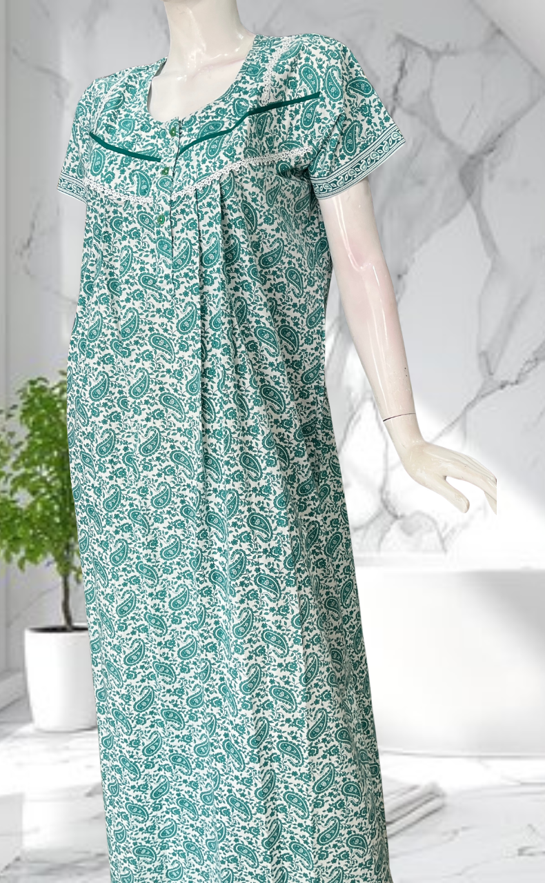 Sea Green Paisley Print Pure Cotton Nighty. Pure Durable Cotton | Laces and Frills