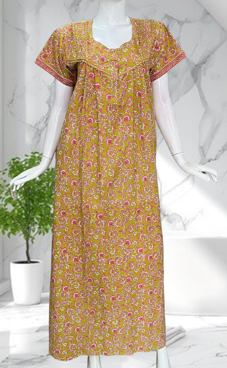 Yellow Garden Pure Cotton Nighty. Pure Durable Cotton | Laces and Frills